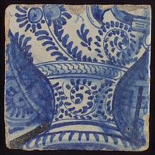 Tile with vase decorated in blue Against blue with black background, tile picture footage fragment ceramics pottery glaze, d 1.4