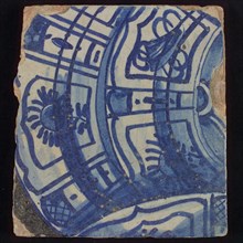 Tile with blue decorated objects against blue with black background, tile picture footage fragment ceramics pottery glaze, d 1.4