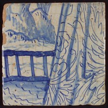 Tile with blue pleated fabric and landscape, tile picture footage fragment ceramics pottery glaze, d 1.3