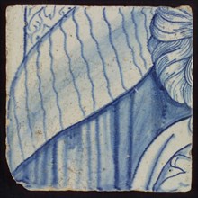 Tile with blue striped background and hair, tile picture footage fragment ceramics pottery glaze, d 1.3