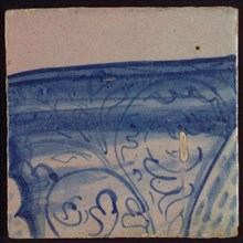 Tile with blue painting, tile pilaster footage fragment ceramic earthenware glaze, d 1.3