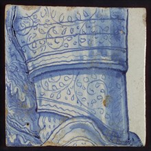 Tile with blue decorated object, tile picture footage fragment ceramics pottery glaze, d 1.2