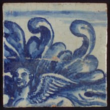 Tile with blue winged figure, tile pilaster footage fragment ceramic pottery glaze, d 1.1