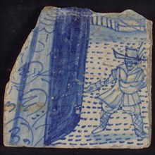 Loose tile of tableau 'Hoop', on which sower in blue, tile picture footage fragment ceramics pottery glaze tin glaze