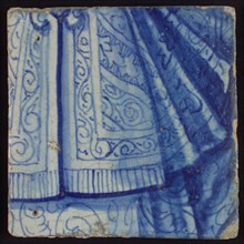 Tile with blue decorated fabric in folds, tile picture footage fragment ceramics pottery glaze, d 1.4