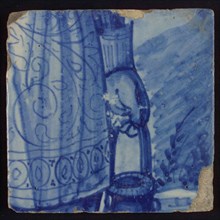 Tile with blue skirt and hand with bucket, tile picture footage fragment ceramics pottery glaze, d 1.2