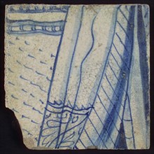 Tile with blue pleated fabric with landscape on background, tile picture footage fragment ceramics pottery glaze, d 1.2