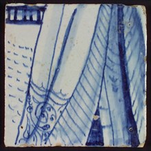 Tile with blue pleated fabric and landscape, tile picture footage fragment ceramics pottery glaze, d 1.0