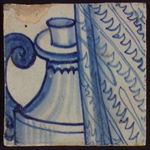 Tiles with blue jug and decorated pleated fabric, tile picture footage fragment ceramics pottery glaze, d 1.3