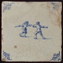 Scene tile, double child's play, children fighting, Corner motif ox's head, wall tile tile sculpture ceramic earthenware glaze
