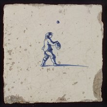 Scene tile, child's play with ball, wall tile tile sculpture ceramic earthenware glaze, baked 2x glazed painted Blue on white
