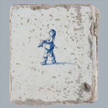 Scene tile, child's play with hat, possible playing, wall tile tile sculpture ceramic earthenware glaze, baked 2x glazed painted