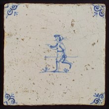 Figure tile, man with rake, Corner motif ox's head, wall tile tile sculpture ceramic earthenware glaze, baked 2x glazed painted