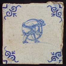Scene tile, child's play with hoop, corner pattern ox's head, wall tile tile sculpture ceramic earthenware glaze, baked 2x