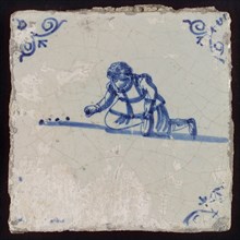 Scene tile, child's play, marbles, corner motif ox's head, wall tile tile sculpture ceramic earthenware glaze, baked 2x glazed