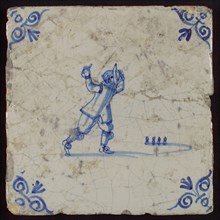 Scene tile, child's play, koot, corner motif ox's head, wall tile tile sculpture ceramic earthenware glaze, baked 2x glazed