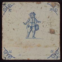 Scene tile, man with drum and stick, corner motif ox's head, wall tile tile sculpture ceramic earthenware glaze, baked 2x glazed
