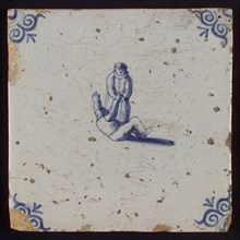 Scene tile, child's play, two children playing around, corner motif ox's head, wall tile tile sculpture ceramic earthenware