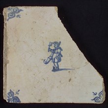 Scene tile, boy in narrepak, corner motif ox's head, wall tile tile sculpture ceramic earthenware enamel, baked 2x glazed