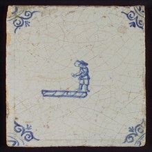 Scene tile, child's play, hopscotch, corner motif ox's head, wall tile tile sculpture ceramic earthenware glaze, in shape