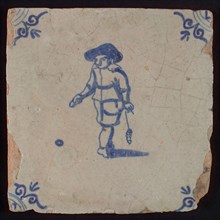 Scene tile, child's play, chiseling, corner motif ox's head, wall tile tile sculpture ceramic earthenware glaze, baked 2x glazed