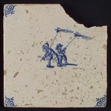 Scene tile, double child's play, kite flying, corner motif ox's head, wall tile tile sculpture ceramic earthenware glaze tin