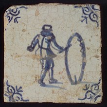 Scene tile, child's play, child with hoop, corner motif ox's head, wall tile tile sculpture ceramic earthenware glaze, baked 2x