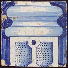 Tile of chimney pilaster, blue on white, part of column with basement with part of baluster, division with dots, chimney