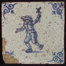 Scene tile, child's play, child with windmill, corner motif ox's head, wall tile tile sculpture ceramic earthenware glaze, baked
