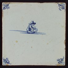 Scene tile, child's play, child with prick sledge, corner motif ox's head, wall tile tile sculpture ceramic earthenware glaze