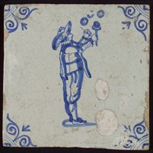 Scene tile, child's play, blowing bubbles, corner motif of ox's head, wall tile tile sculpture ceramic earthenware glaze, baked