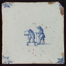 Scene tile, double child's play, spinning, corner motif ox's head, wall tile tile sculpture ceramic earthenware glaze, baked 2x