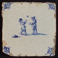Scene tile, double child's play, play with ball, corner motif ox's head, wall tile tile sculpture ceramic earthenware glaze