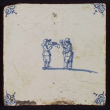 Scene tile, child's play, trumpet and horn playing, corner motif ox's head, wall tile tile sculpture ceramic earthenware enamel
