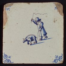 Scene tile, child's play, child with dog On leash, corner pattern ox head, wall tile tile sculpture ceramic earthenware glaze
