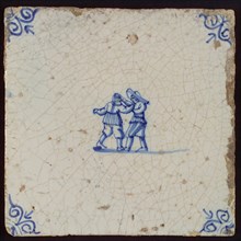 Scene tile, double child's play, fighting children, corner motif ox's head, wall tile tile sculpture ceramics pottery glaze tin