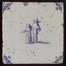 Figure tile, two figures seen on the back, corner motif oxen head, wall tile tile sculpture ceramic earthenware glaze, baked 2x
