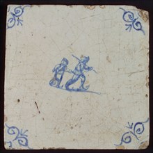 Scene tile, double child's play, ice skating, corner pattern ox's head, wall tile tile sculpture ceramic earthenware glaze