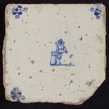 Scene tile, child's play, child plays with ball, corner motif spider, wall tile tile sculpture ceramic earthenware glaze, baked