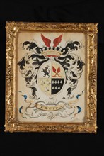 Coat of arms of the Kruyt family, painting footage watercolor wood glass paper, Coat of arms in frame behind glass KRUYT