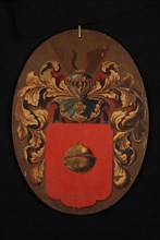 Coat of arms with bell, oval panel, painting visual material wood oil, heraldry
