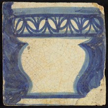 Tile of chimney pilaster, blue on white, part of column with basement in baluster shape with leaf-shaped decoration, chimney