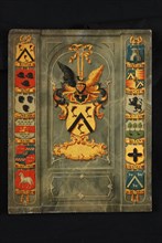 Panel with coat of arms of the genus Roels with twelve trunk parts, painting footage oilpaint wood, ROELS READ THE MOOR OEM BY