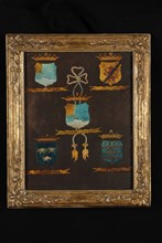 Coat of arms Van Hoogwerff with four trunk parts, painting footage watercolor wood glass paper, Coat of arms in frame behind