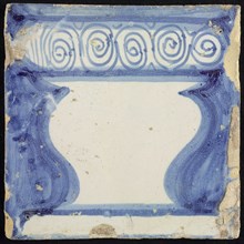 Tile of chimney pilaster, blue on white, part of column with basement in baluster shape with spiral decoration, chimney pilaster