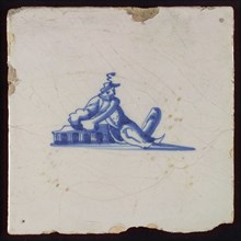 Figure tile, sitting figure, wall tile tile sculpture ceramic earthenware glaze, baked 2x glazed painted Blue on white