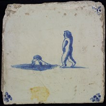Scene tile, figure in and next to the water, corner motif spider, wall tile tile sculpture ceramic earthenware glaze, baked 2x