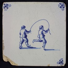 Scene tile, double child's play, jumping rope, corner motif spider, wall tile tile sculpture ceramic earthenware glaze tin glaze