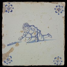 Scene tile, child's play, marbles, corner motif spider, wall tile tile sculpture ceramic earthenware glaze tin glaze, in shape
