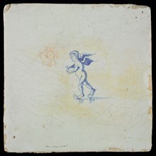 White tile with blue skating putto, wall tile tile sculpture ceramic earthenware glaze, baked 2x glazed painted skating winter